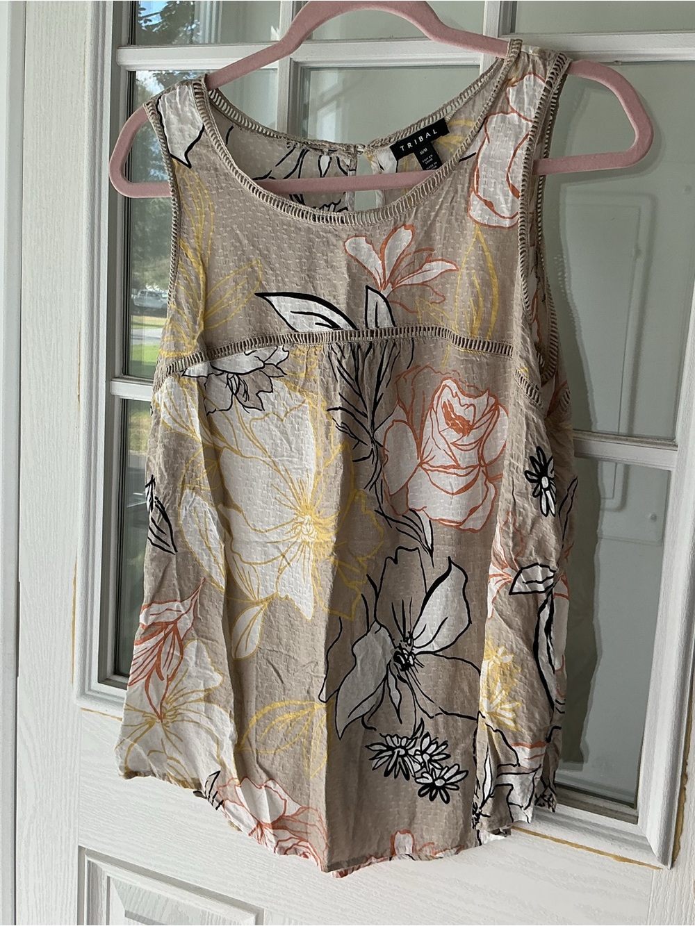 Tribal Beige Floral Sleeveless top with Multicolor Blooms